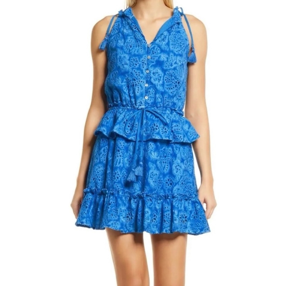 Anthropologie BTFL-Life Women's Blue Tie Dye Ruffle Mini Dress Eyelet Small